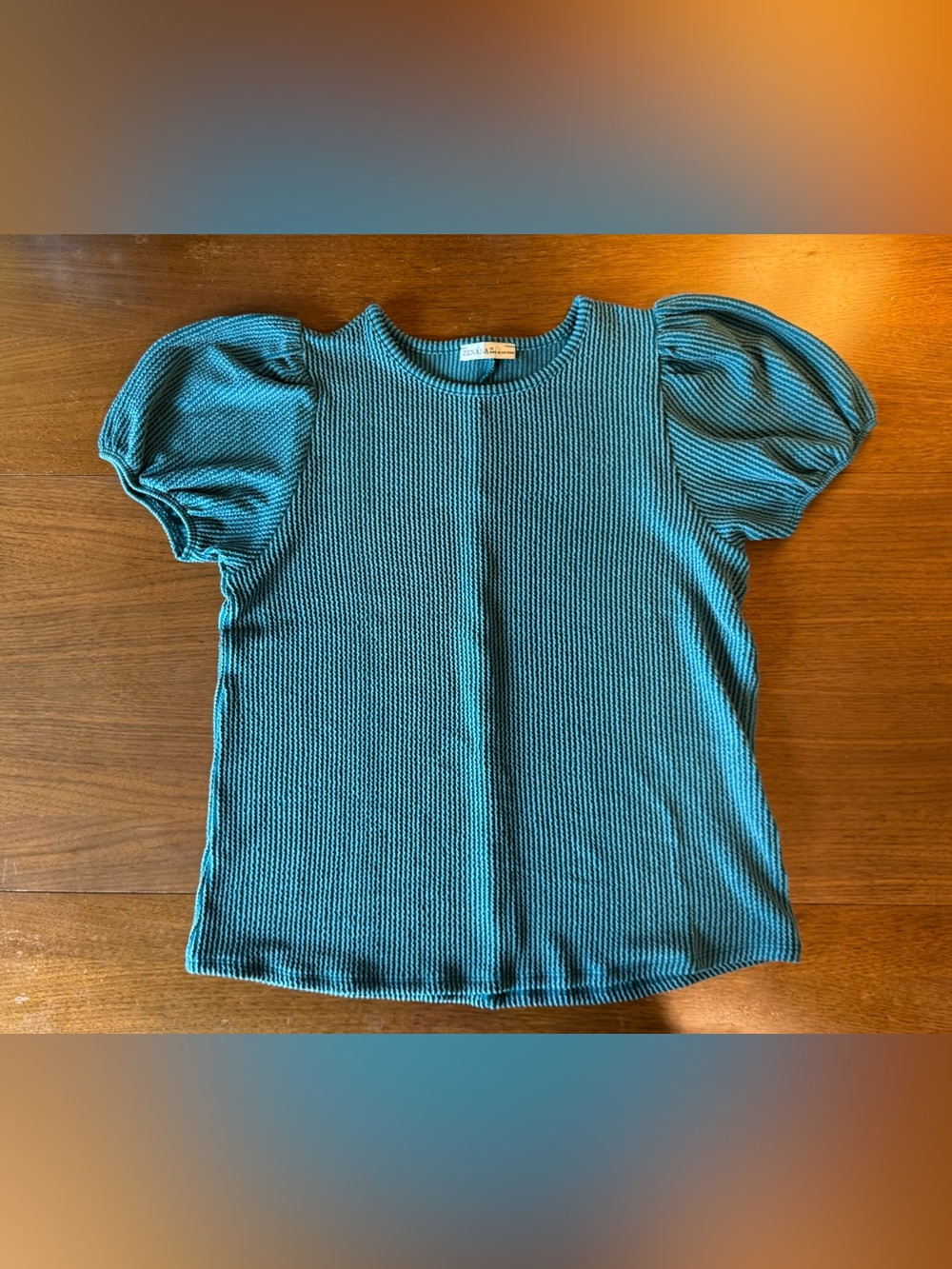 Zenana Outfitters Teal Puff Sleeve Ribbed Top